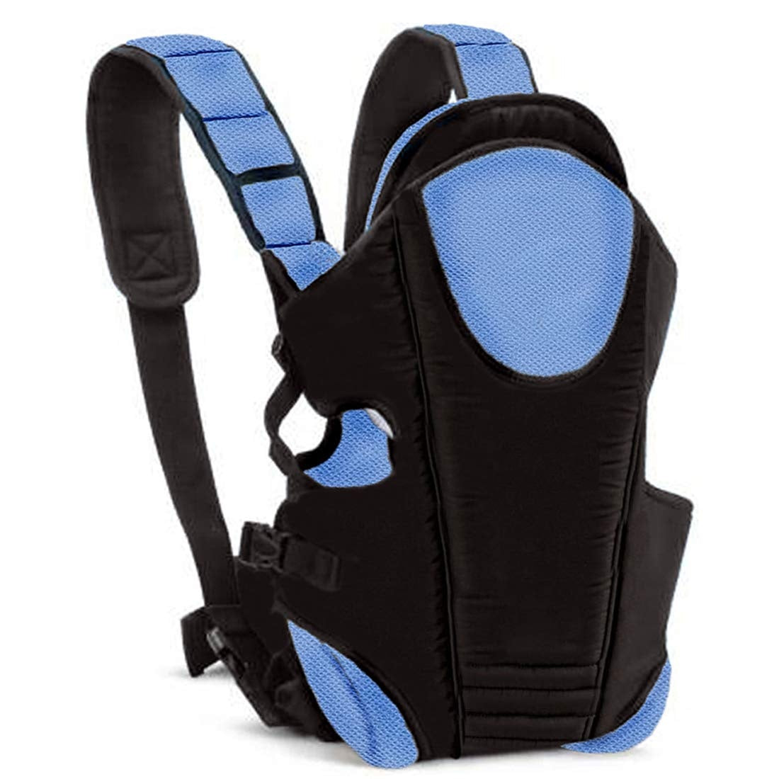 Black and blue baby carrier on white background, ergonomic and comfortable infant carrier for newborns and toddlers