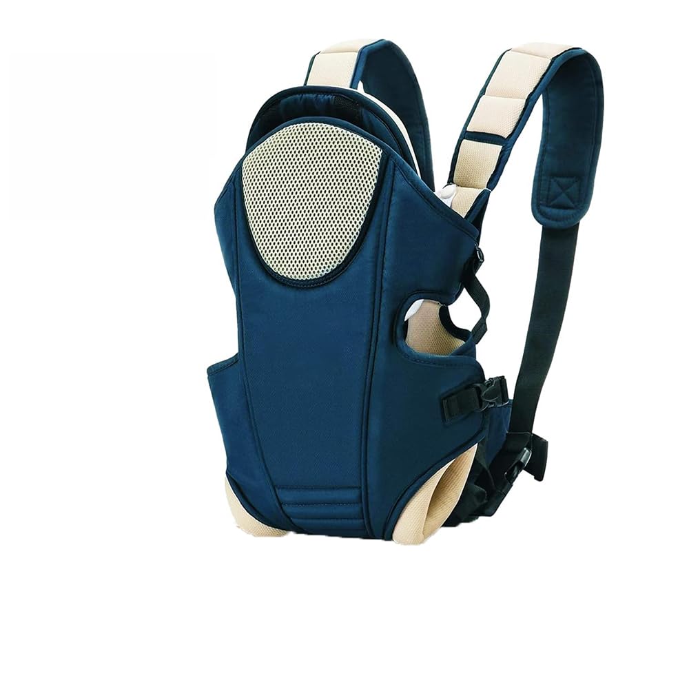 Blue baby carrier with beige accents on white background, ergonomic and comfortable carrier for newborns and toddlers