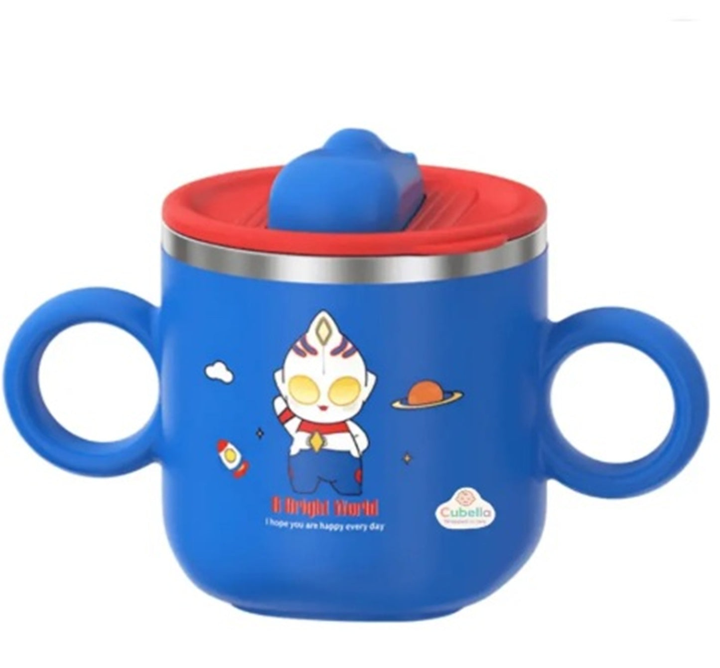 Blue children's cup with cartoon character and red lid on a white background