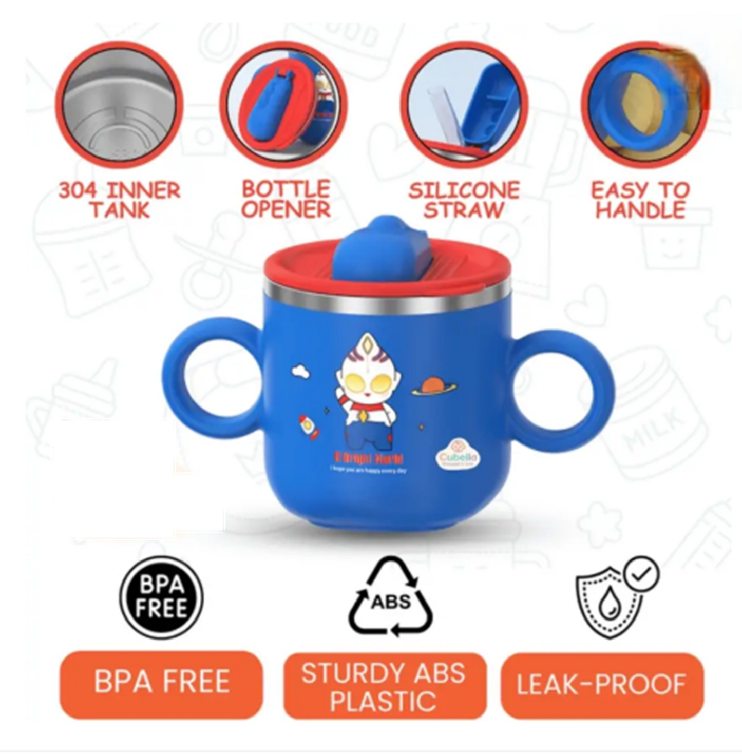 Blue children's cup with red lid featuring various features on a white background