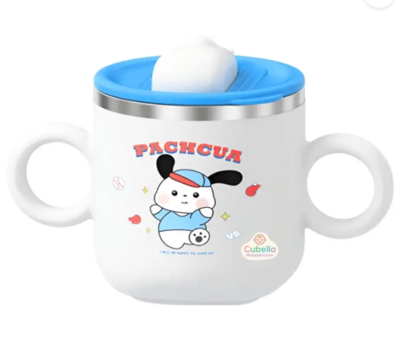 Children's cup with cartoon character and blue lid on a white background