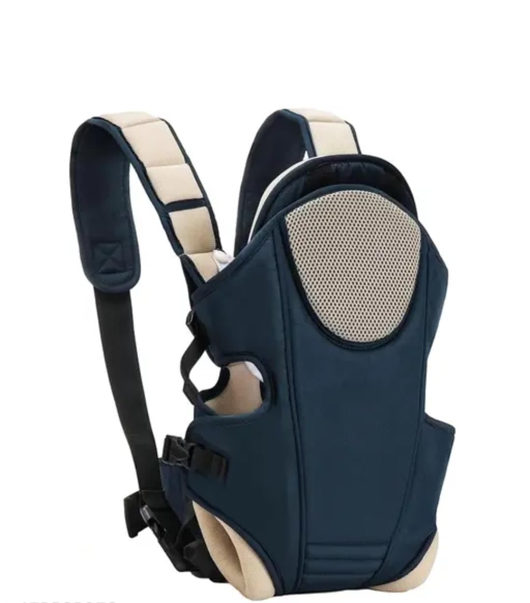 Navy blue baby carrier with beige accents on white background, ergonomic and stylish infant carrier for newborns and toddlers