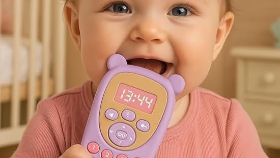 Baby holding a pink toy phone shaped silicone teether
