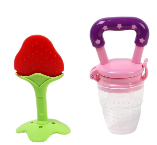 BPA-free silicone baby fruit feeder pacifier with red strawberry design and pink handle on a white background – safe teething feeder for infants and toddlers