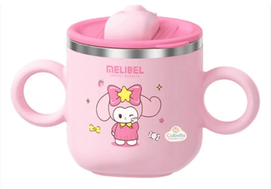 Pink children's cup with cartoon character and Melibel branding on a white background
