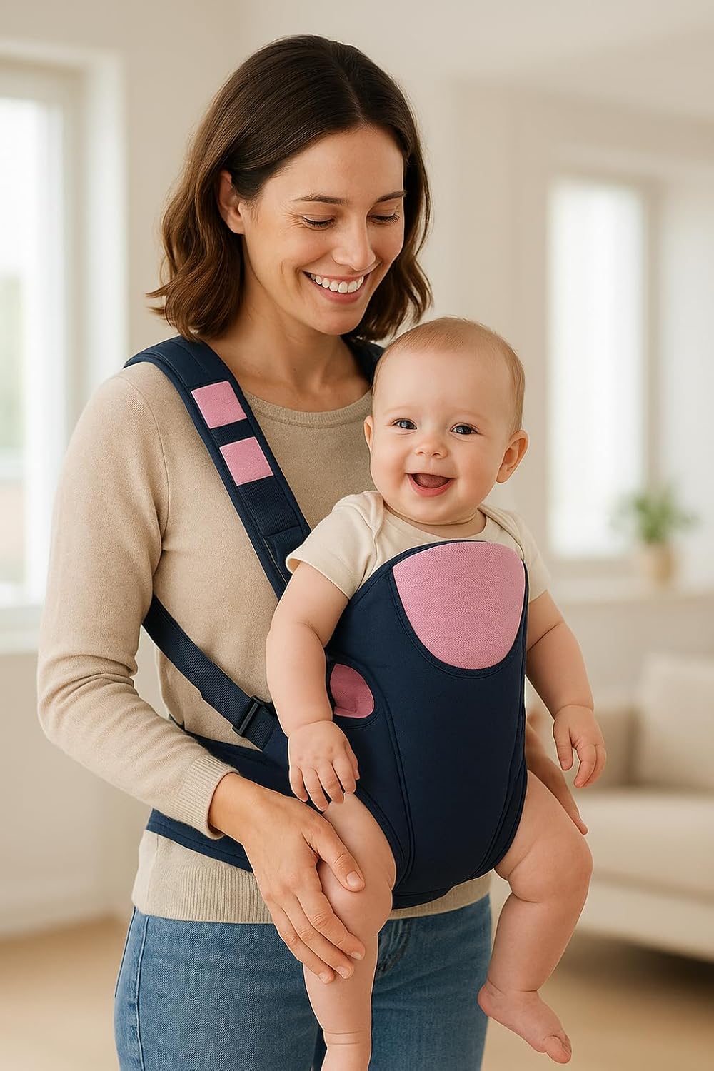 Woman holding a baby in a pink and blue baby carrier indoors